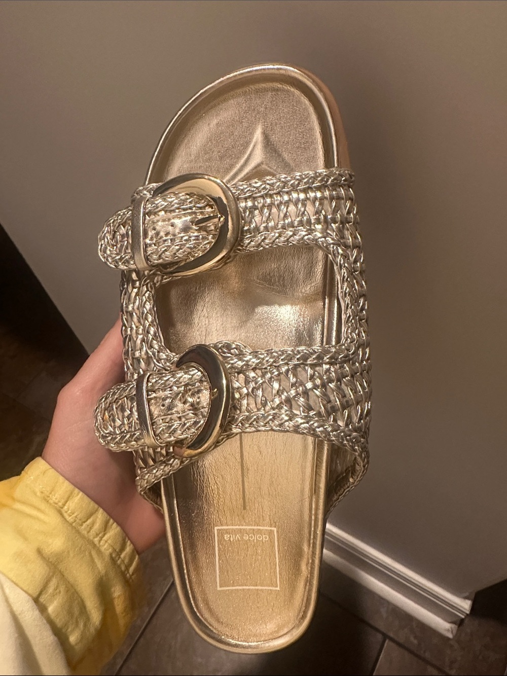 Dolce Vita Metallic Taupe Woven Double-Buckle Slide Sandals - Picture 3 of 4